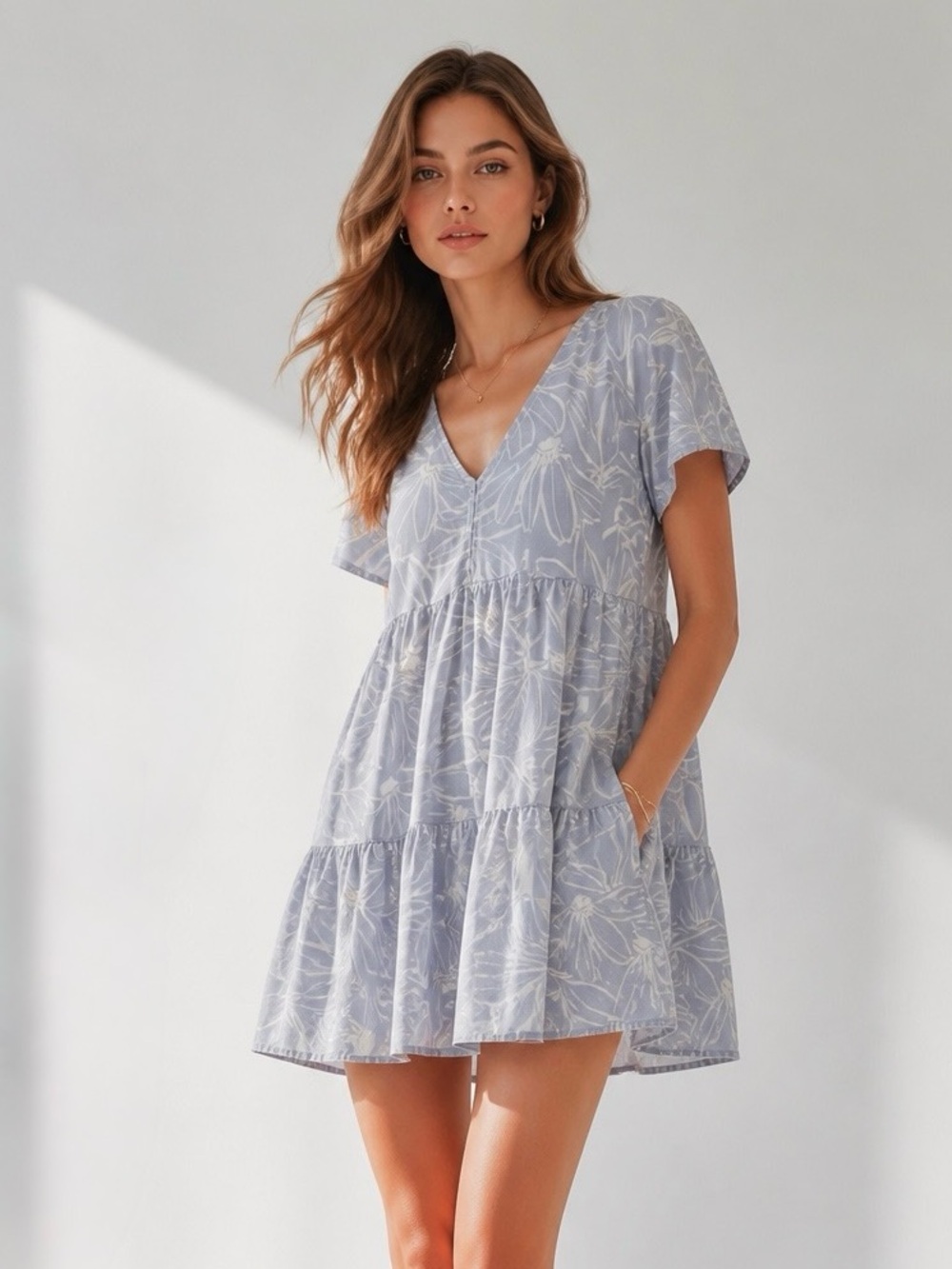 Universal Thread Light Blue Linen/Rayon Floral V-Neck Tiered Mini  Dress